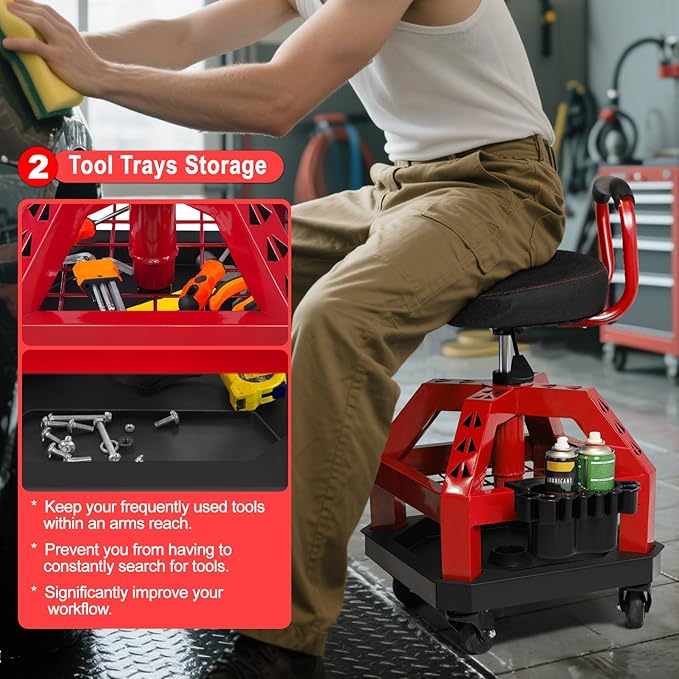 Rolling Shop Stool with Wheels, Heavy Duty Garage Work Mechanic Stool with