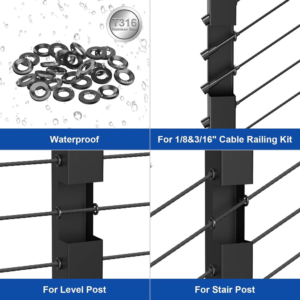 BLIKA 20 Pack Black Cable Railing Adhesive Sleeves for Deck/Stair Posts