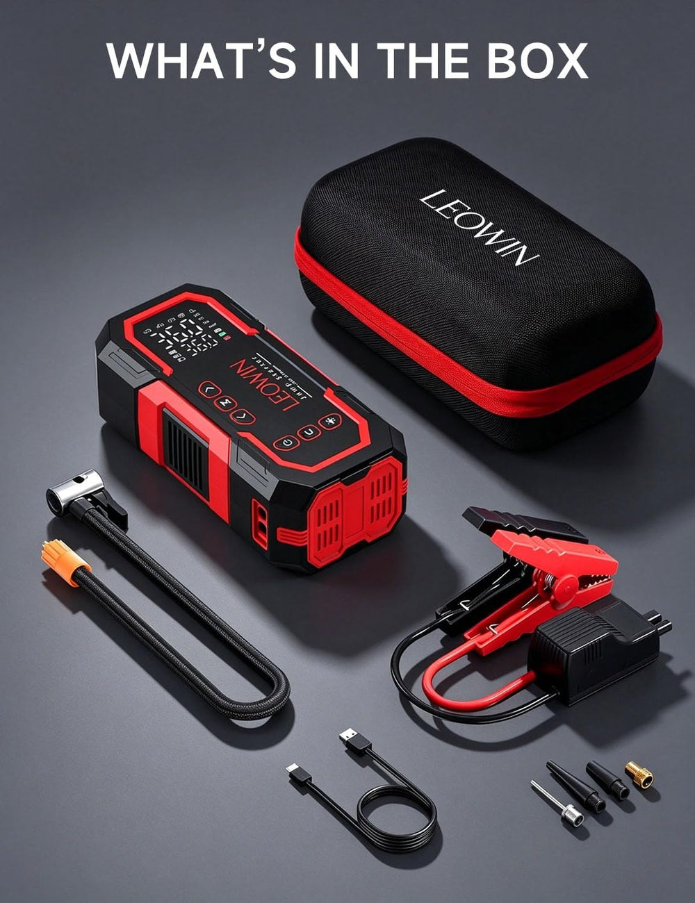 LEOWIN Jump Starter with Air Compressor Portable, Red