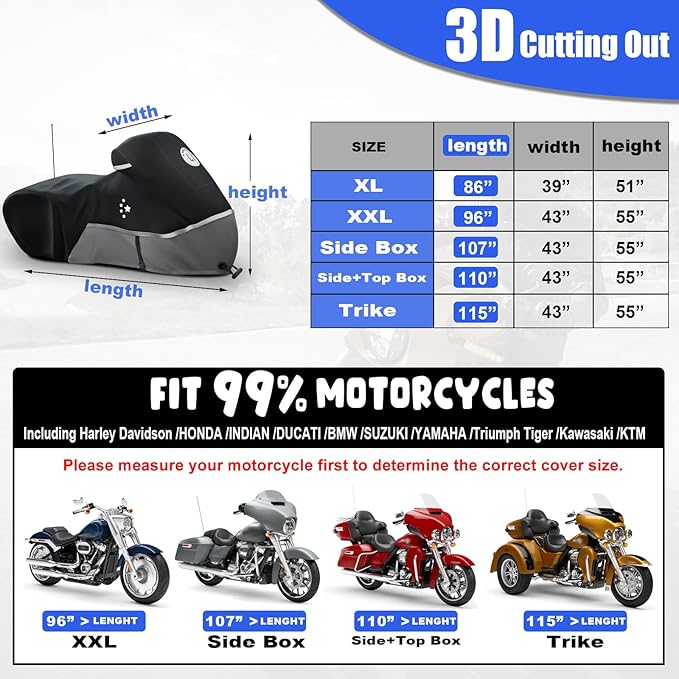 Motorcycle Cover 420D Heavy Duty All Season Universal Weather Waterproof