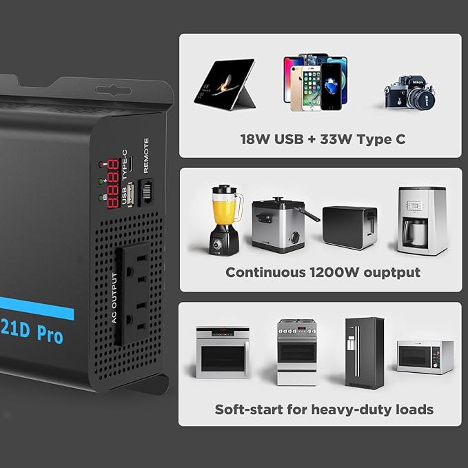 EDECOA Pure Sine Wave Inverter 1200W 12V DC to 110V AC Power Inverter