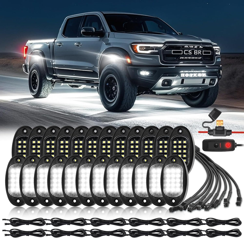 24 Pods Pure White LED Rock Lights Kit with Extension Wires, Plug and Play