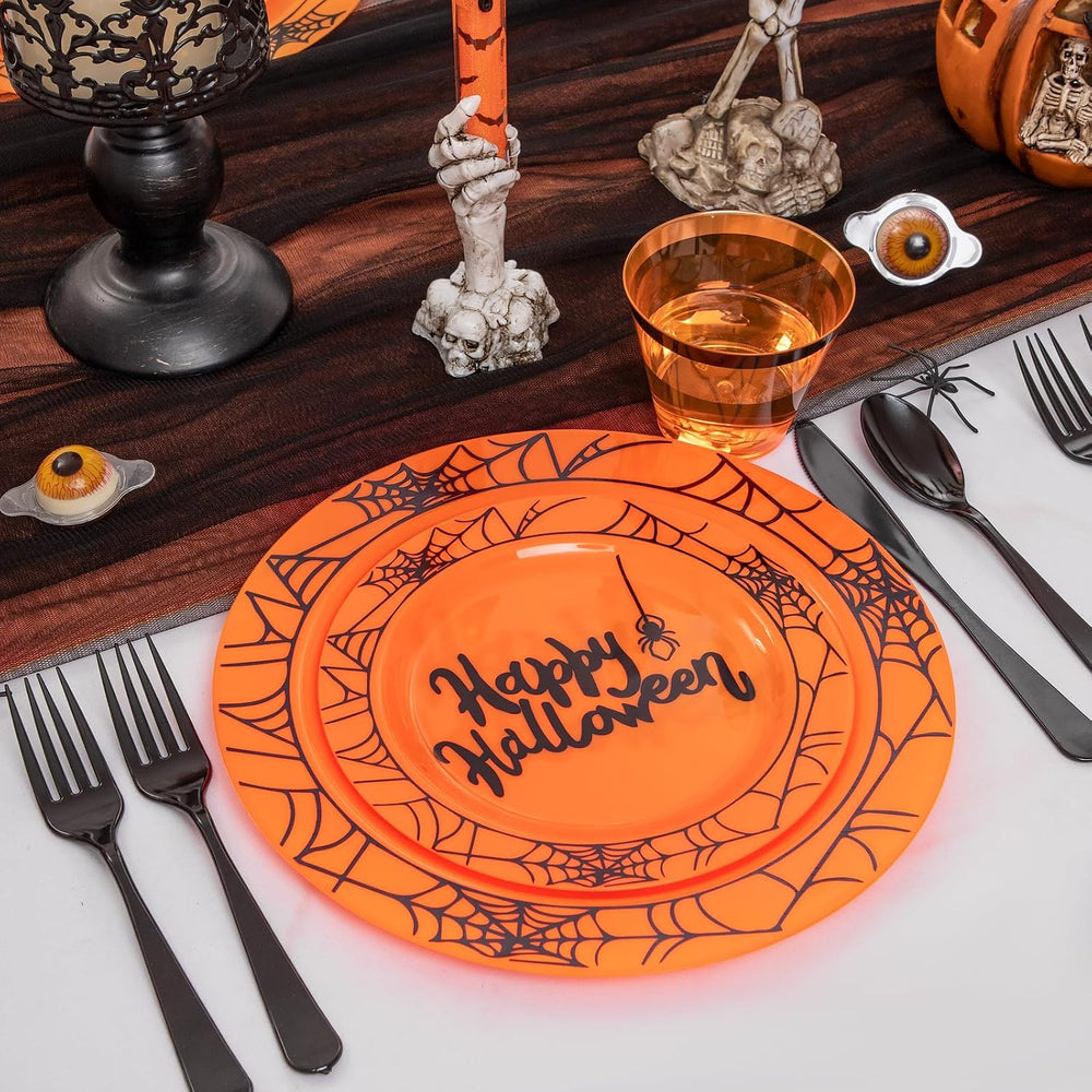 supernal 180 Pcs Orange and Black Halloween Plastic Dinnerware Set for 30
