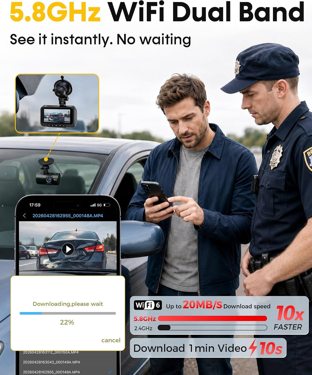 4K Dash Cam Front and Rear: 15-Min Setup 5.8GHz WiFi 20MB/s Fast Download