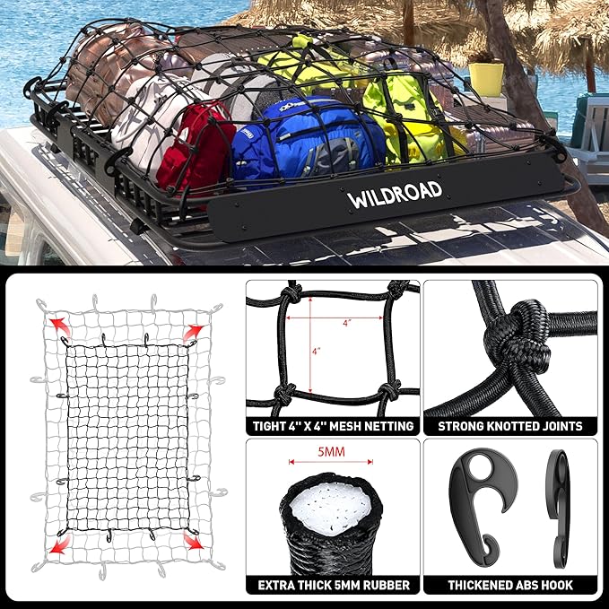 Wildroad Roof Rack Cargo Basket, Upgraded 4” Fence Wide Car Roof Basket