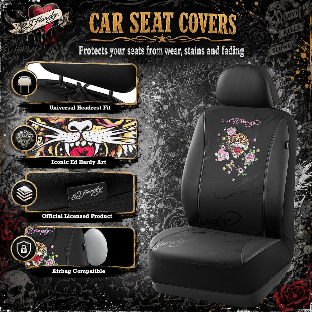 ED HARDY Tiger Print Car Seat Covers, Black Premium Leather Front Seat Covers...