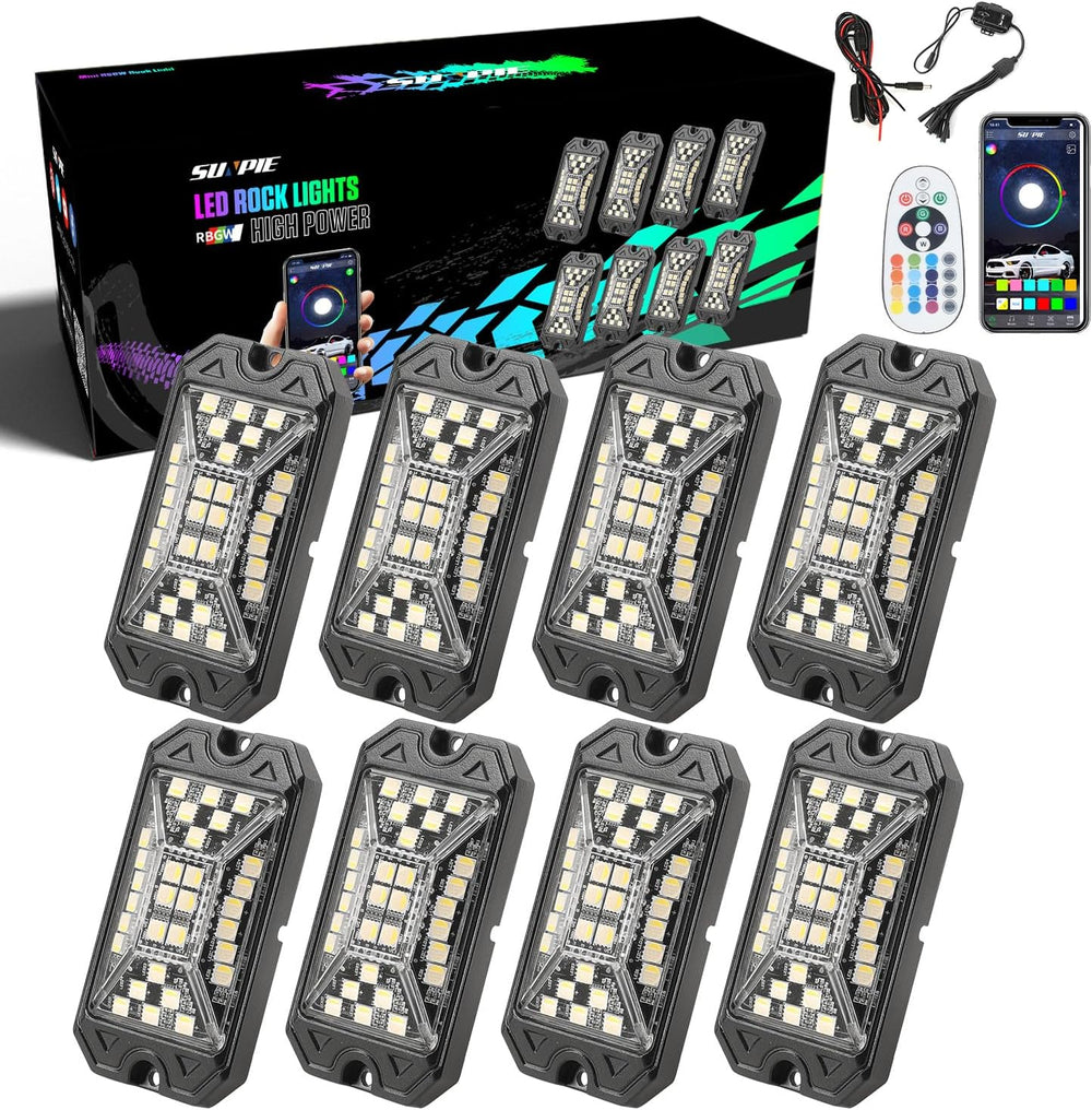 SUNPIE 8 Pods RGBW Rock Lights โ Full Beam Angle, 30 High Power Chips, Alumin...