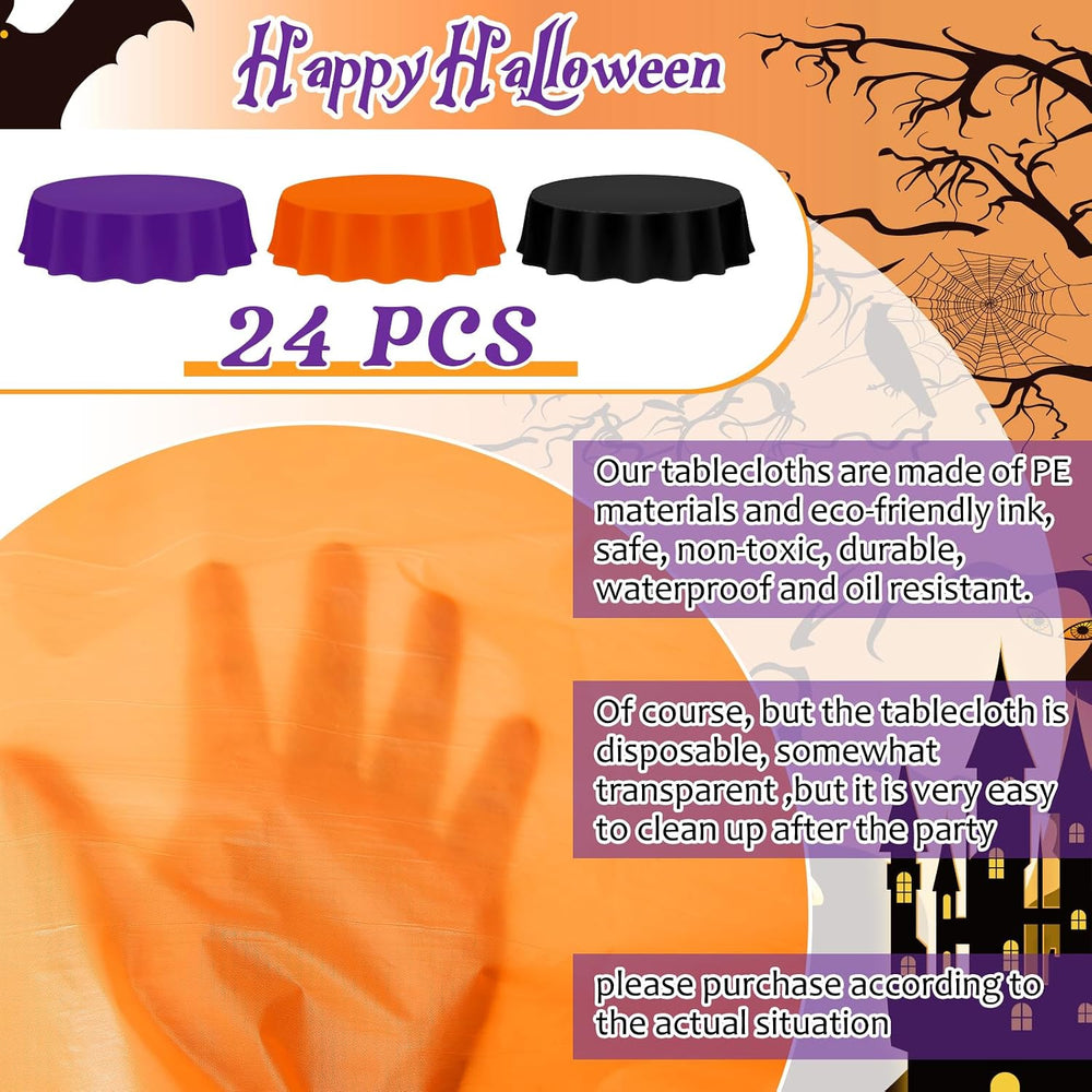 Amylove 24 Pcs Halloween Plastic Tablecloth Disposable Round, 84 Inch