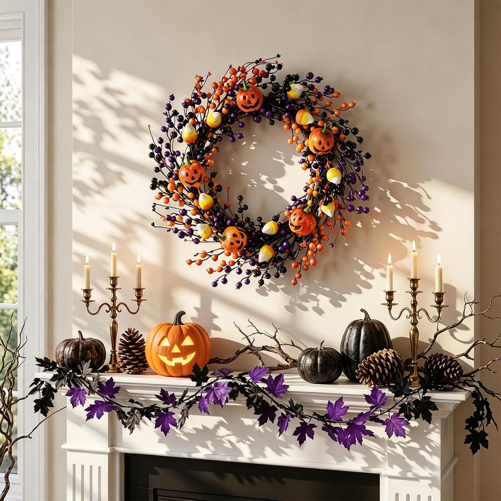 20" Halloween Wreaths for Front Door with Jack-o'-Lanterns and Candy