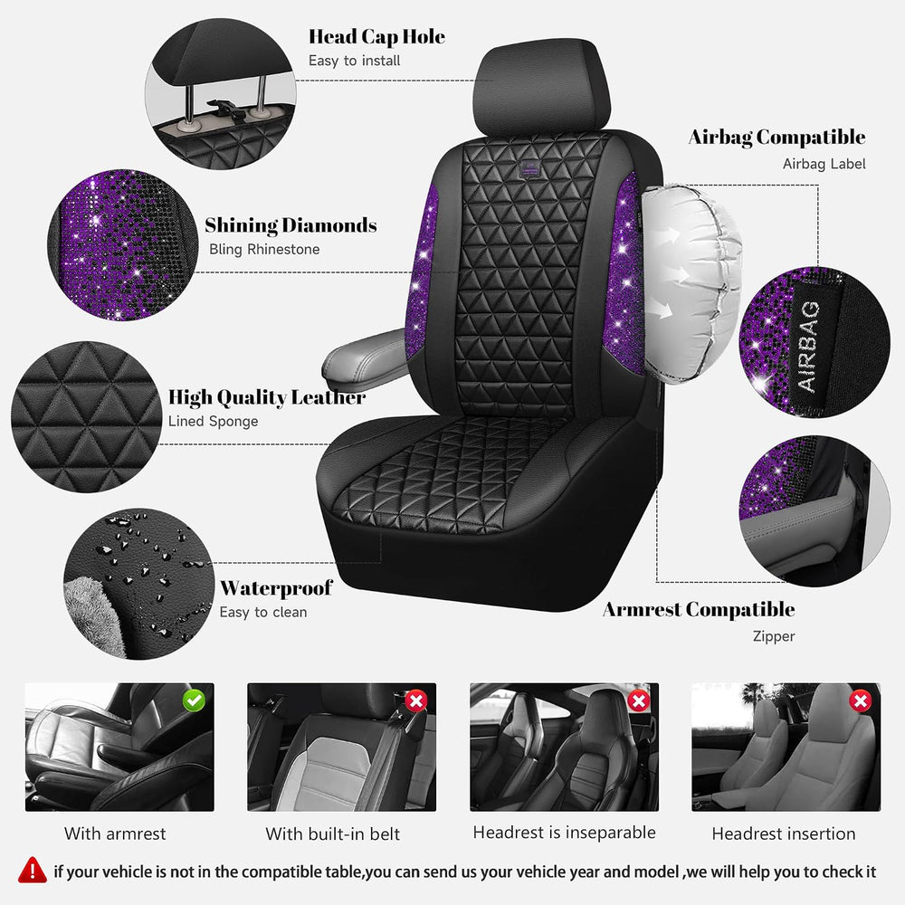 CAR PASS Bling Diamond Leather Car Seat Covers Full Seats Interior Sets, Wate...