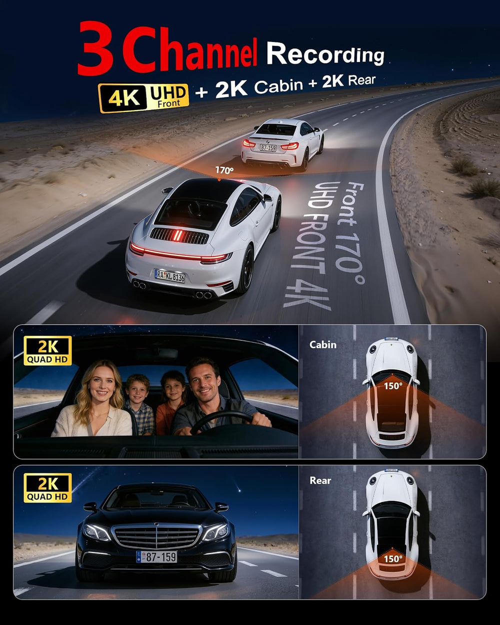 FAIMEE 4K Dash Cam Front and Rear, Night Vision, WDR, Free Card Included