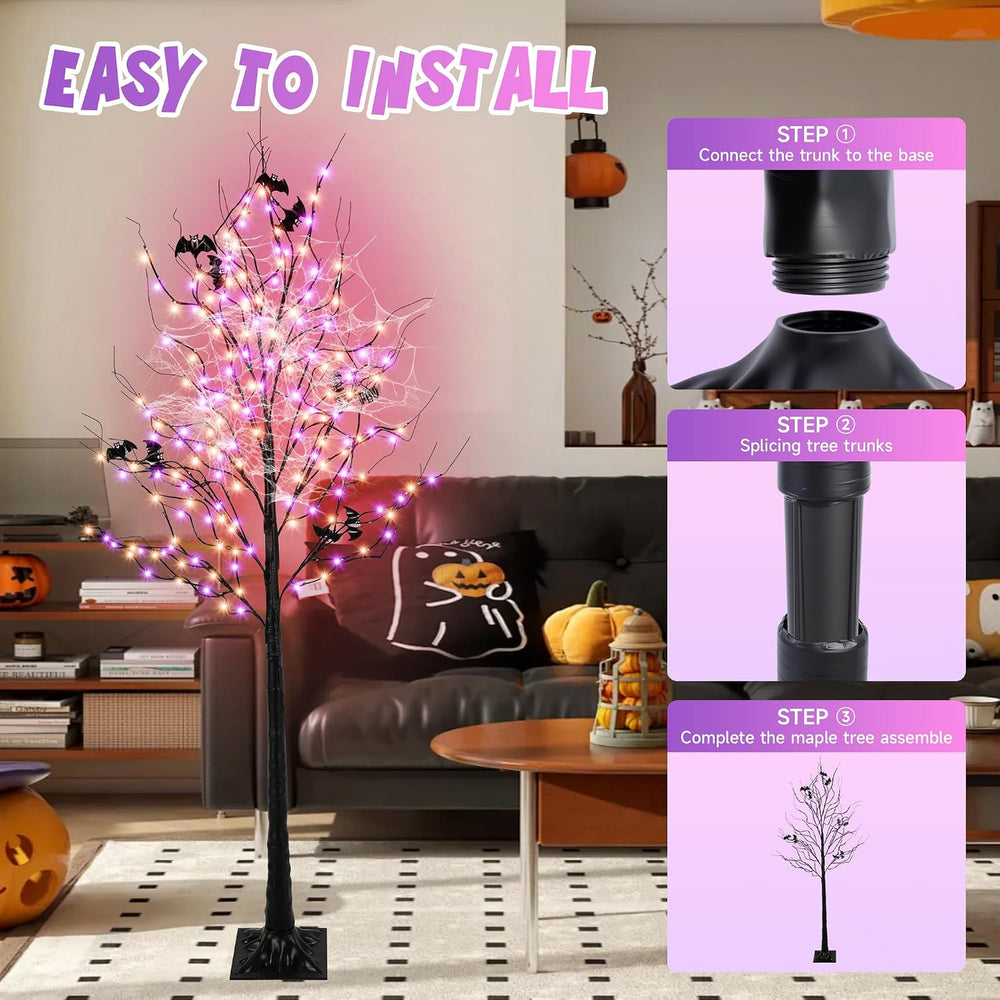 Halloween Lighted Tree with 260 LED Lights, 6FT Black Halloween Tree with Tim...