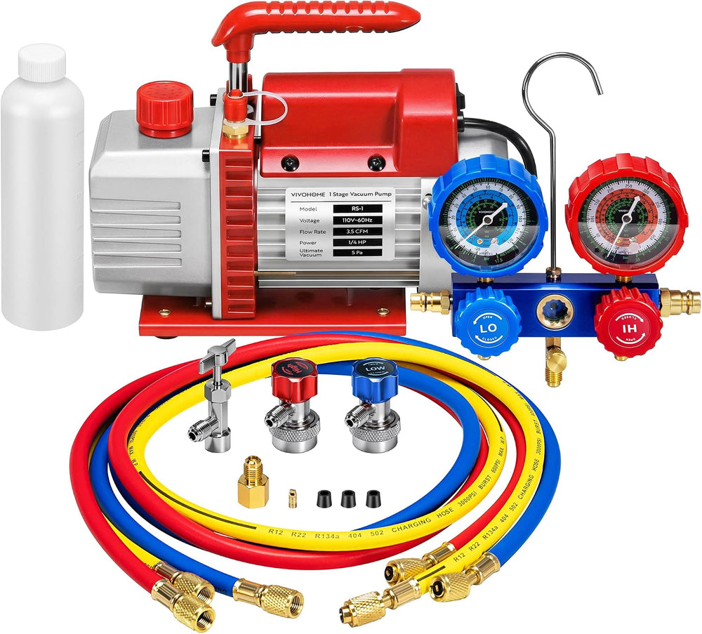 VIVOHOME 1/4 HP 3.5CFM 1 Stage AC Vacuum Pump and R134a Manifold Gauge Set