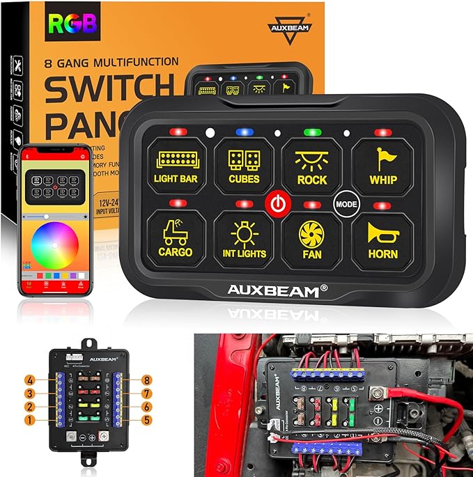 Auxbeam RGB Bluetooth 8 Gang Switch Panel AR-820 Toggle Momentary Pulsed Switch