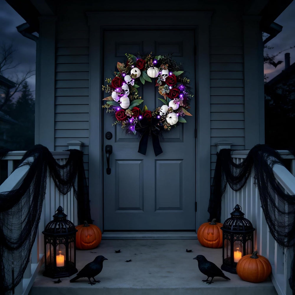 HipTree 20 Inch Gothic Halloween Wreath for Front Door with Purple Lights