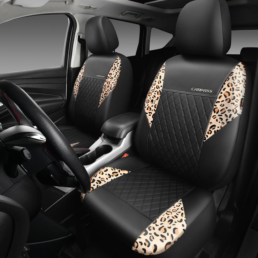 CAR PASS Leather Leopard Two Front Seat Cover Only, Universal Quilting Waterp...