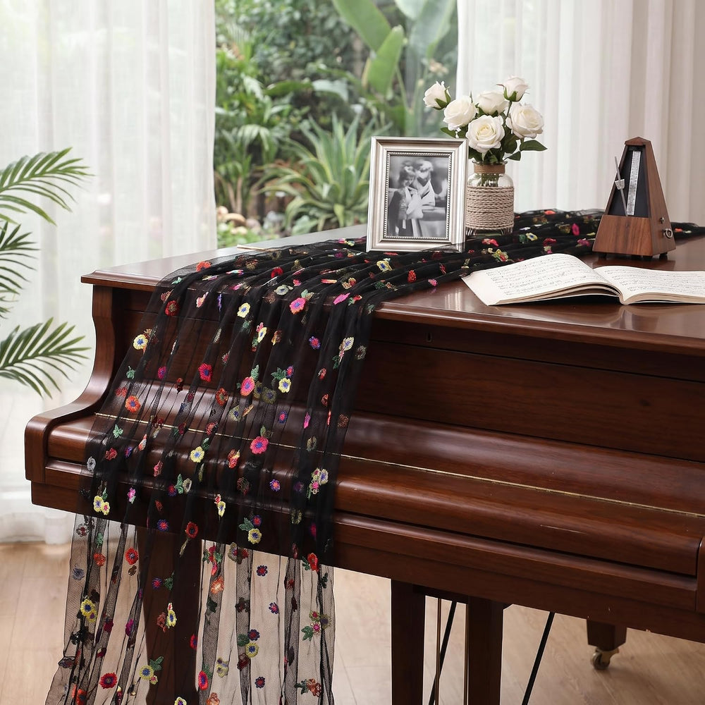 Black Embroidered Floral Daisy Tulle Table Runner Halloween 10FT 6 Pack