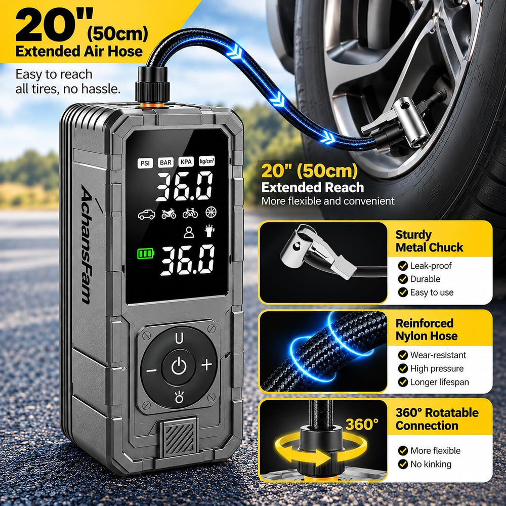 Tire Inflator Portable Air Compressor, 6000mAh Dual Power Supply