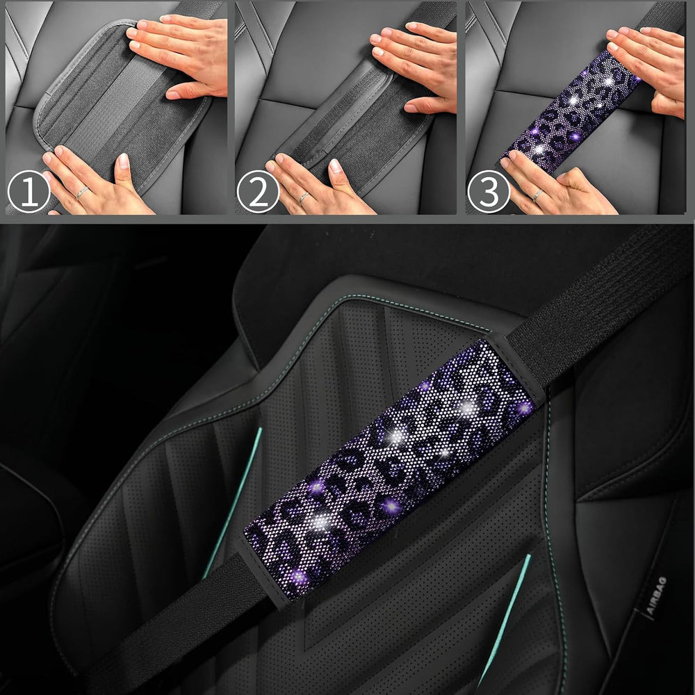 11 pcs Bling Purple Leopard Car Accessories Set for Women, Cheetah Print Stee...