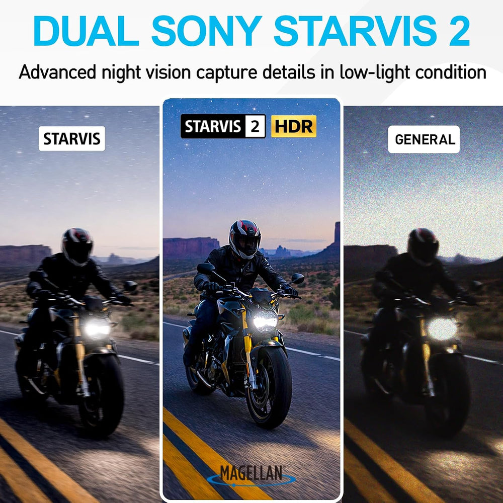 Magellan Motorcycle Dash Cam 2.5K Front and Rear, HDR, GPS, WiFi, IP67