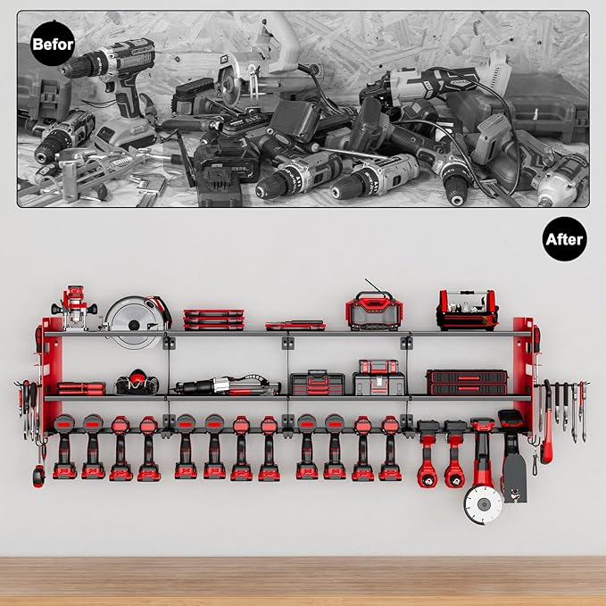 64" Power Tool Organizer Wall Mount, 16 Slots, 3-Tier Drill & Cordle...
