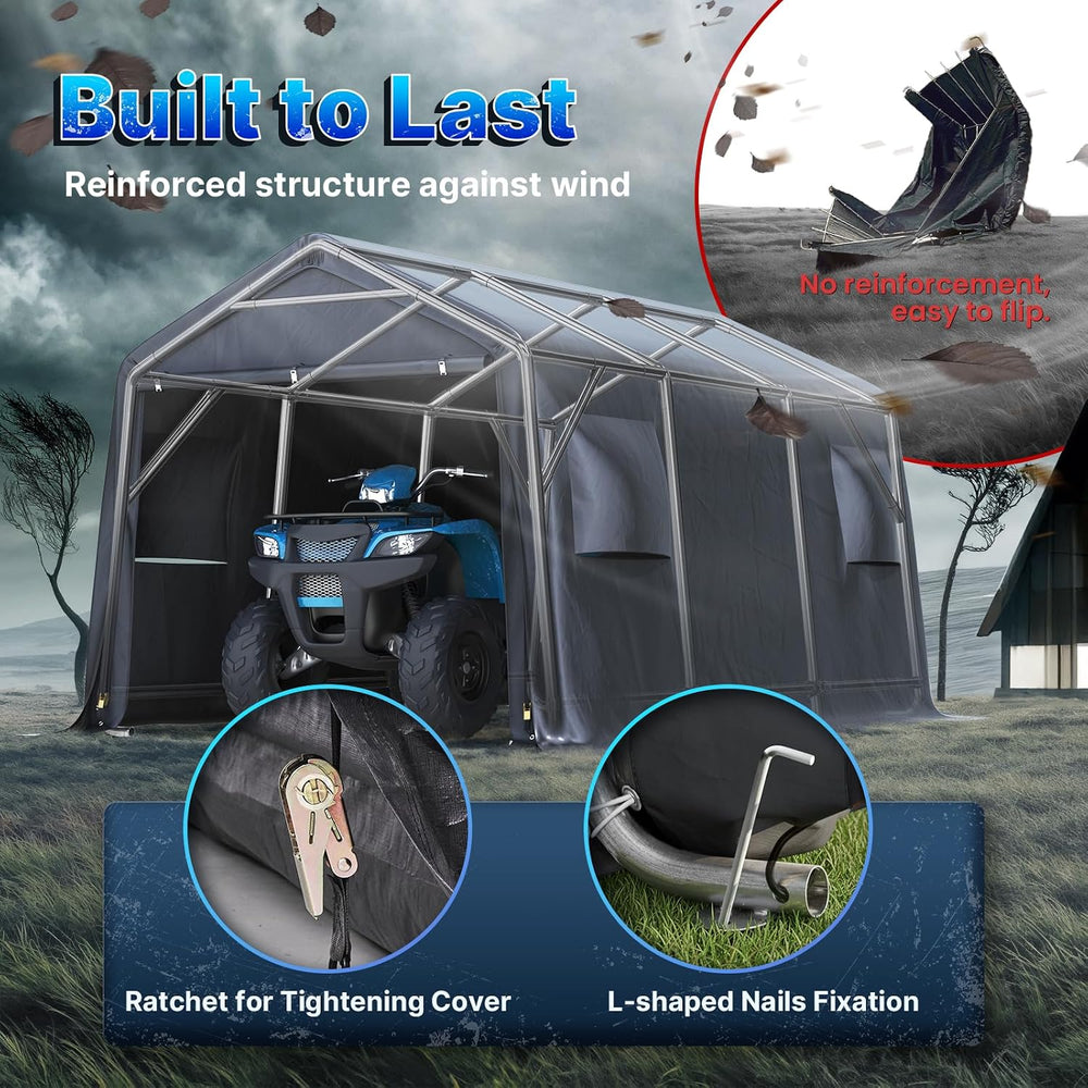 10X15 ft Garage Shelter Steel Metal Peak Roof Portable Storage Shed Carport f...