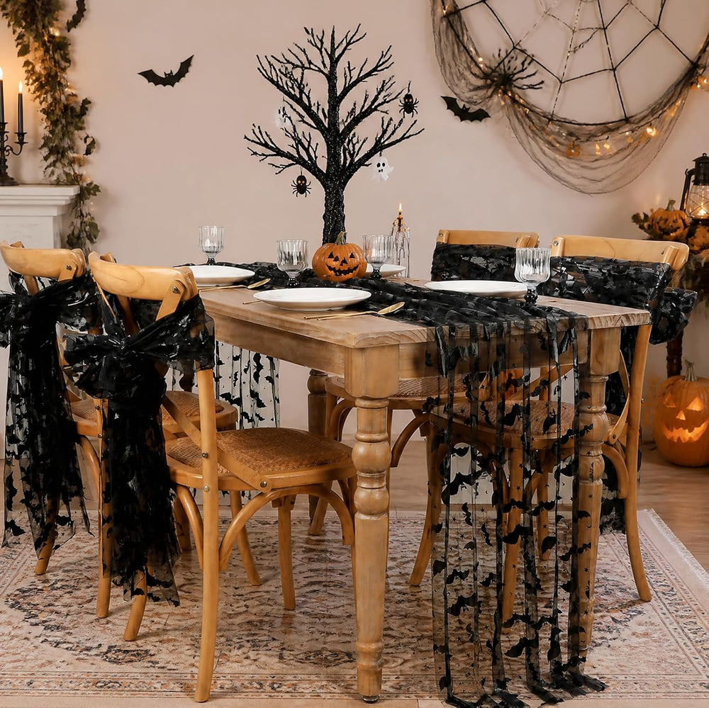 Halloween Table Runners Lace Black Bat Linen Drape Scary Theme Spooky Decor
