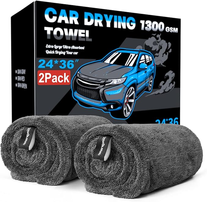 2 Pack XL Car Drying Towel – 1300GSM Ultra Absorbent Microfiber, Twisted Loop