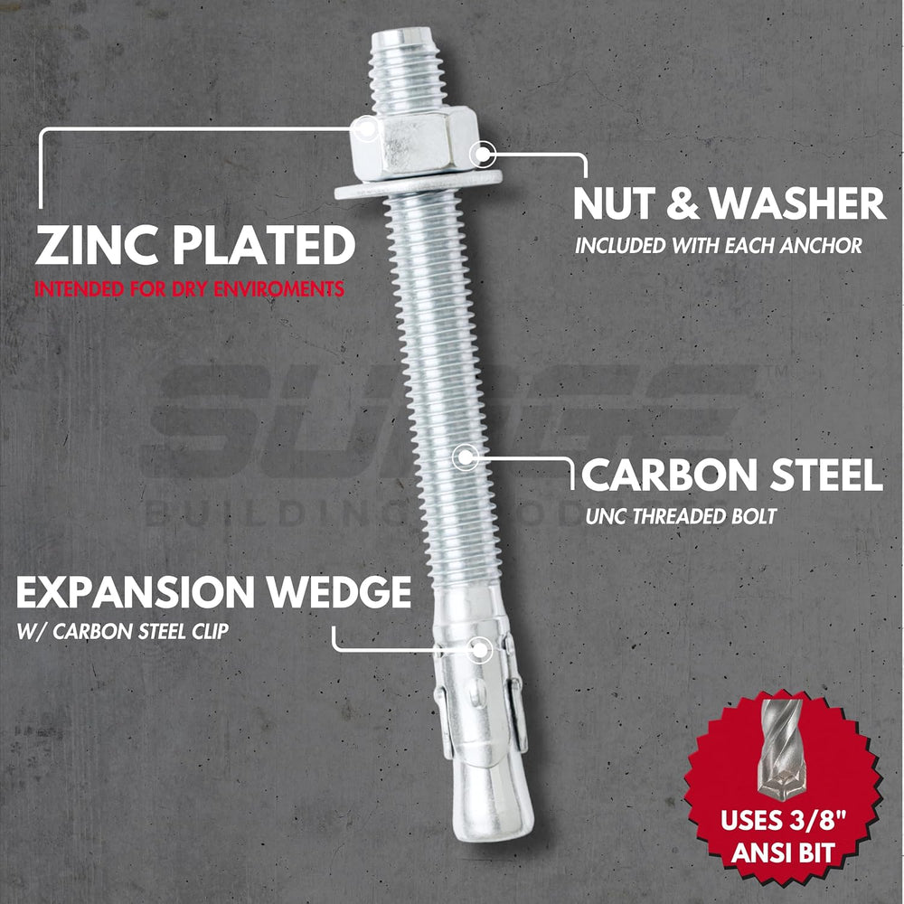 3/8" x 3-3/4" Zinc-Plated Wedge Anchors for Concrete & Cement (...
