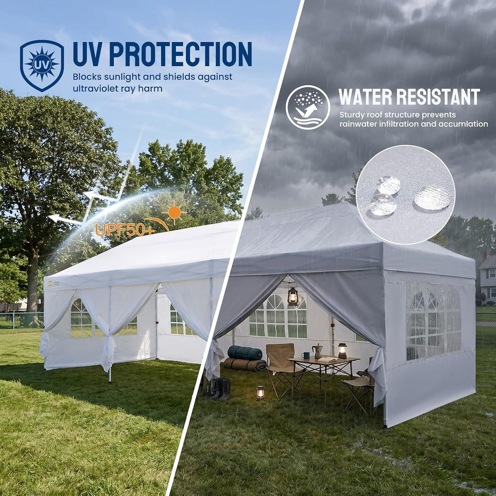 CROWN SHADES 10X30 Pop Up Canopy Tent with Sidewalls, Instant Setup, White