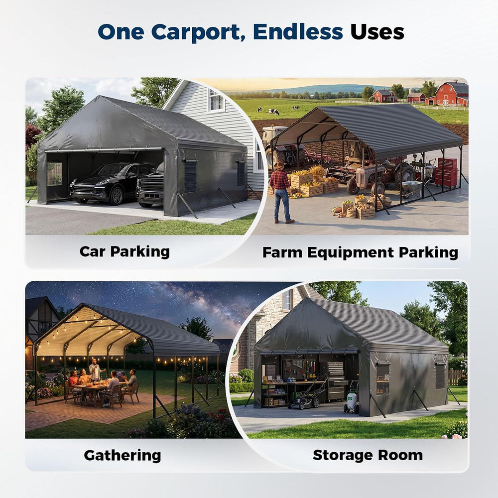20x20FT Metal Carport with Removable Sidewalls & Mesh Windows