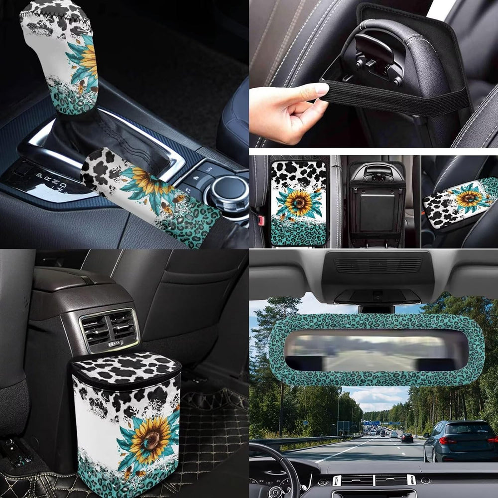 14Pcs Sunflower Cow Print Car Accessories Full Set for Women Man,Sunflower Ca...