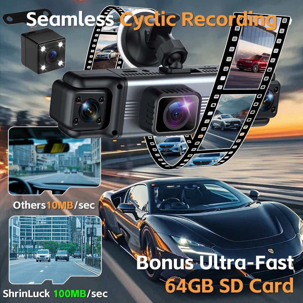 4 Channel 360ยฐ Dash Cam Front and Rear Inside, 64GB Card Included