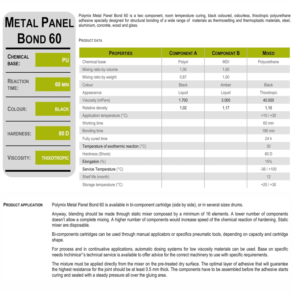 Polymix Metal Panel Bond 60 Adhesive 200ml Cartridge & Two Application Mi...