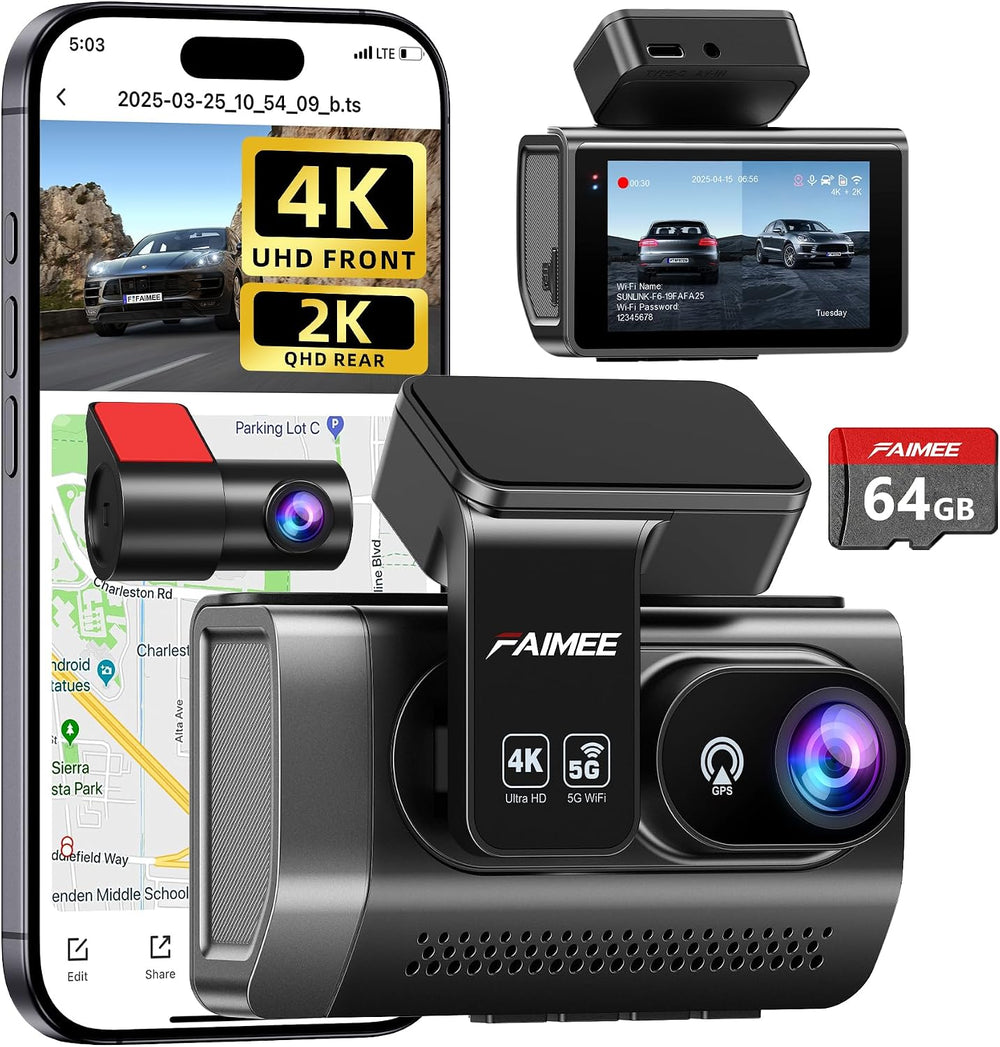 4K Dash Cam Front and Rear, Night Vision, WDR, Free Card Included