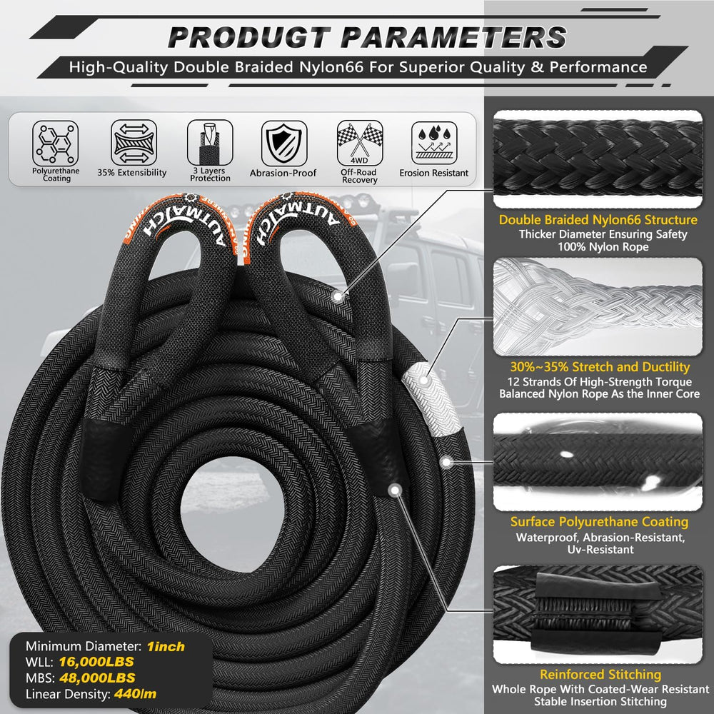 AUTMATCH Kinetic Recovery Tow Rope 1" x 30FT - Heavy Duty Energy Recover...