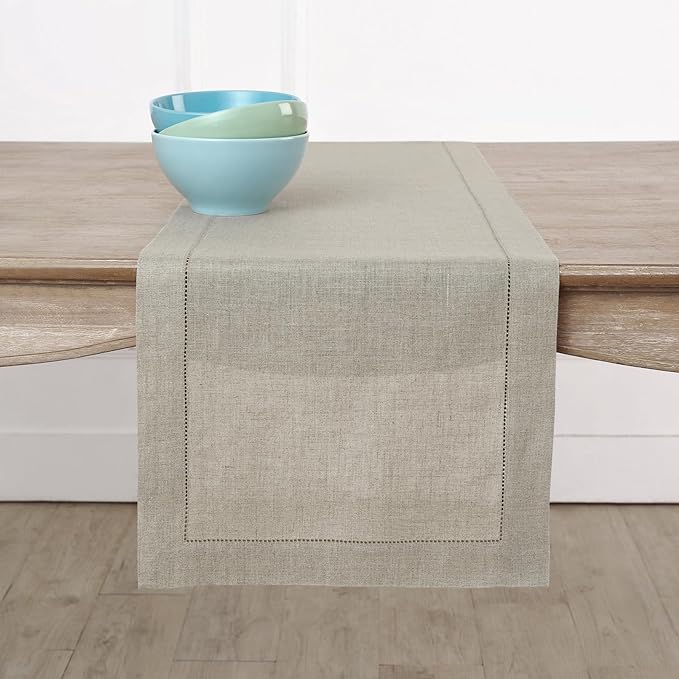 Solino Home Linen Natural Table Runner 60 Inches - Classic Hemstitch, 100% Pu...