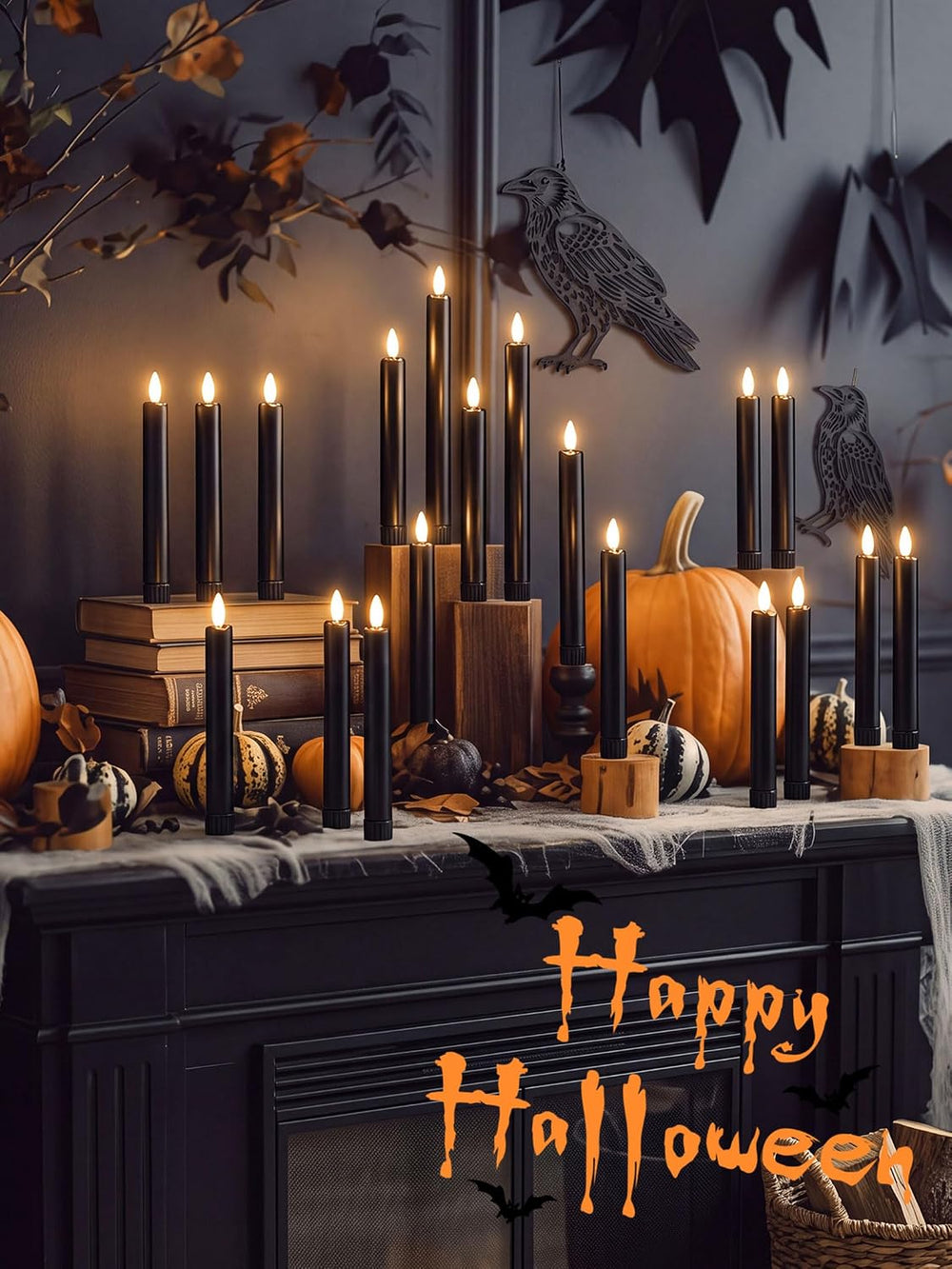 Funtery 24 Pcs Halloween Black Flameless Taper Candles with Remote Timer
