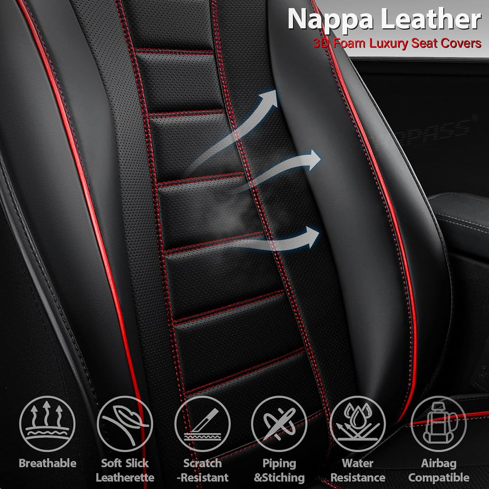 CAR PASS Nappa Leather Seat Covers, Universal FIT Piping Leather Car Seat Cov...