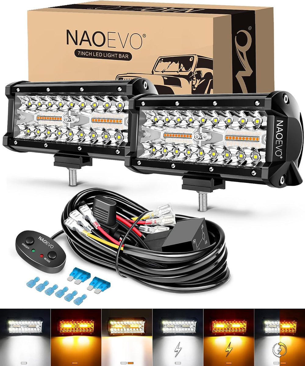 NAOEVO 7 Inch LED Light Bar, 6-Mode Strobe/Fog Lights with 2-Lead Harness