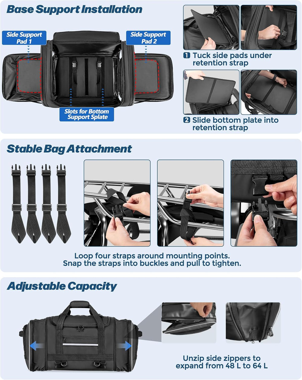 Marscamd Waterproof Motorcycle Tail Luggage Bag, 48L-64L Expandable, a Rain C...