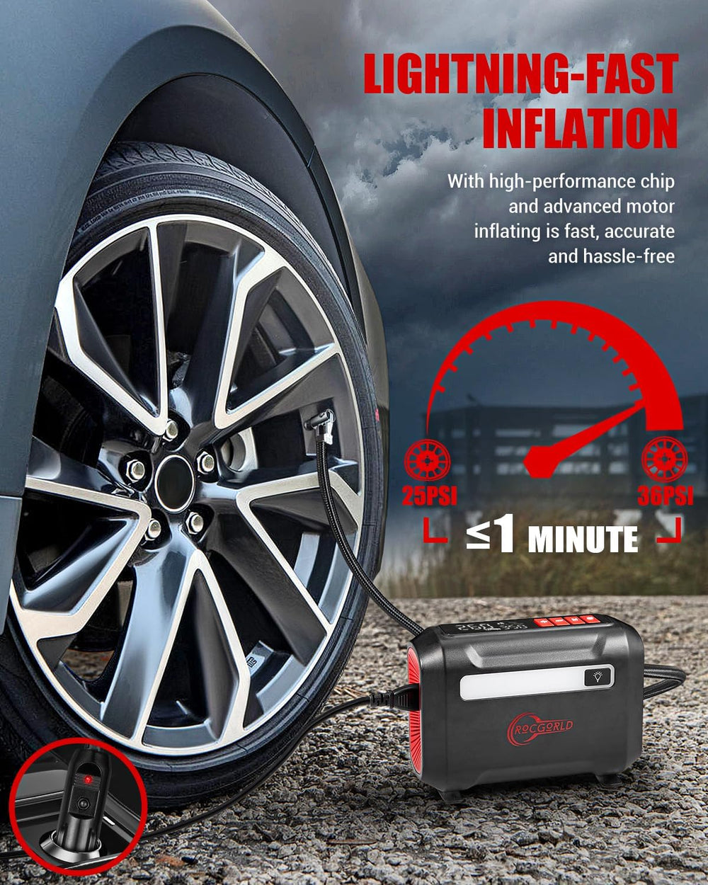 ROCGORLD R8 Tire Inflator Portable Air Compressor, DC 12V Air Compressor Port...