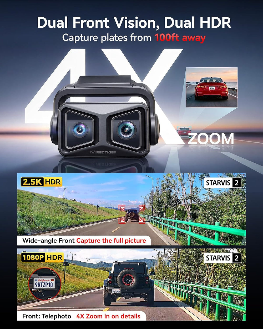 REDTIGER ZP1 Telephoto+Wide Dash Cam, 4X Zoom, STARVIS 2, EIS Night Vision