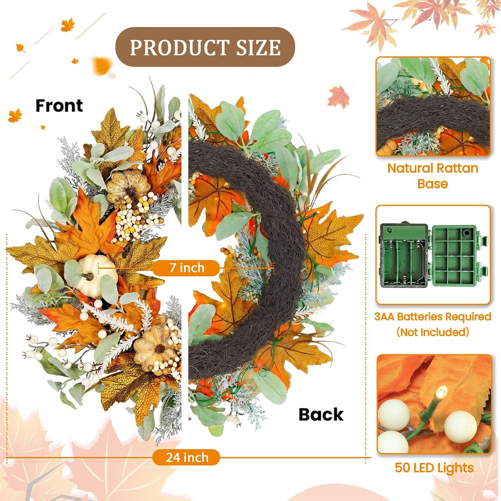 24IN Fall Wreath Prelit for Front Door, Halloween, Thanksgiving Decor
