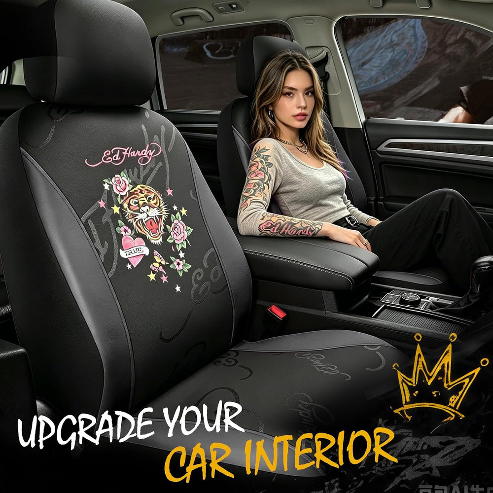 ED HARDY Tiger Print Car Seat Covers, Black Premium Leather Front Seat Covers...