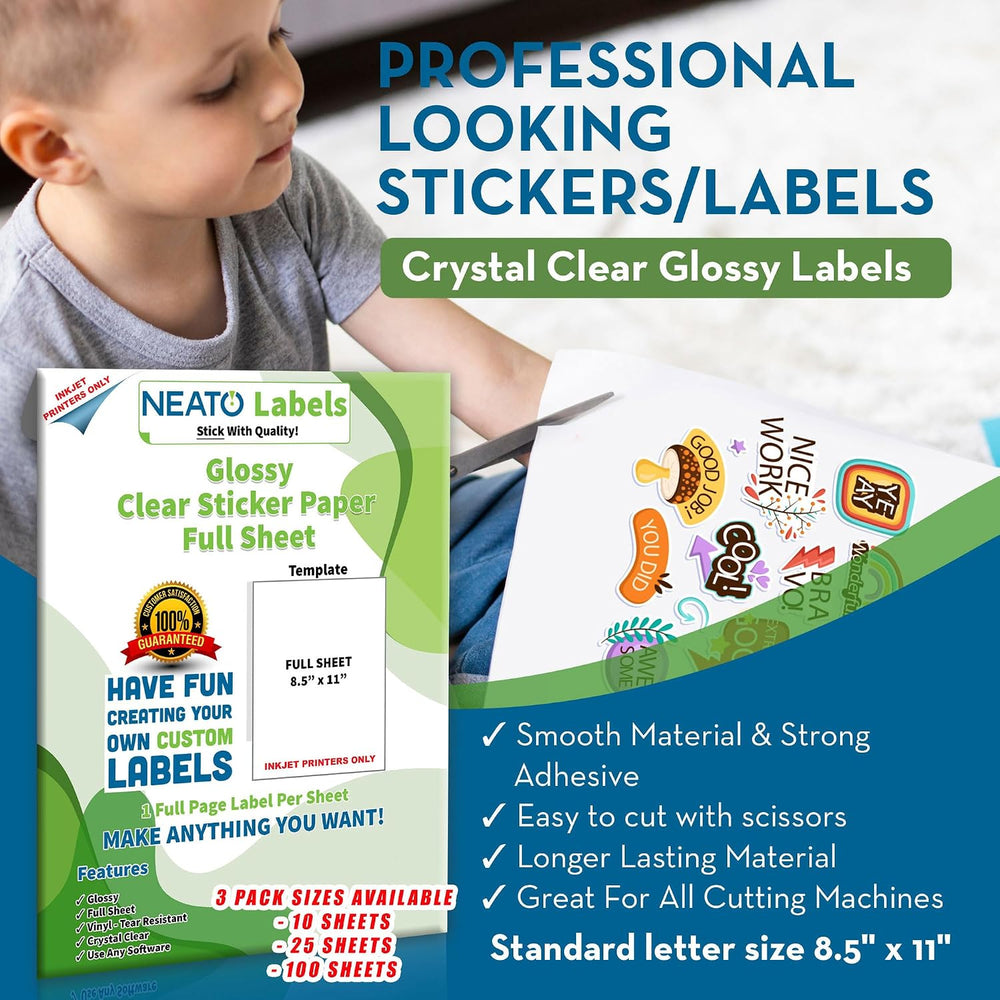 Clear Transparent Sticker Paper (8.5” x 11”) - 100 Sheet Pack - Glossy Full S...