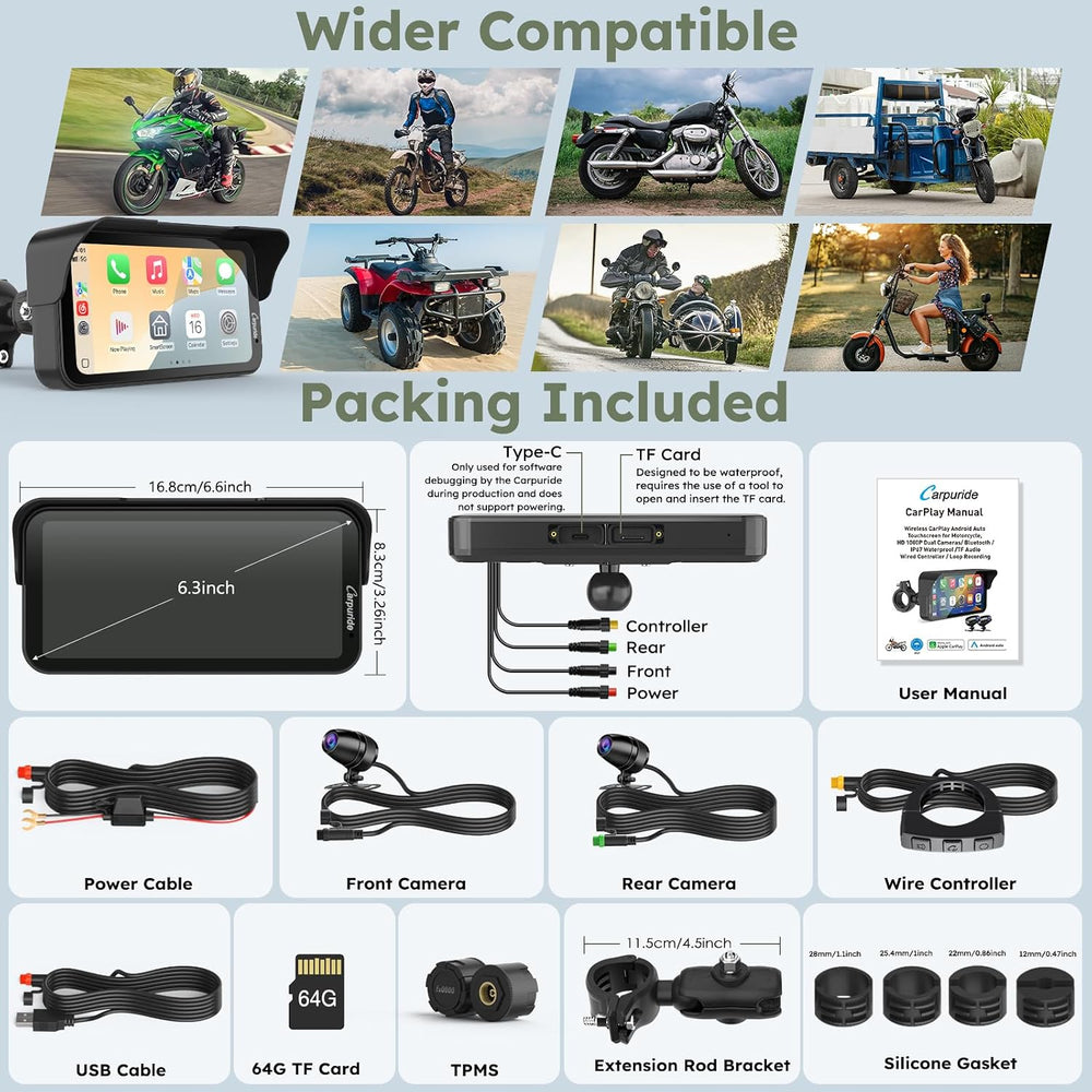 Carpuride W603DT 6.3" Motorcycle CarPlay Screen Android Auto TPMS Dash Cam