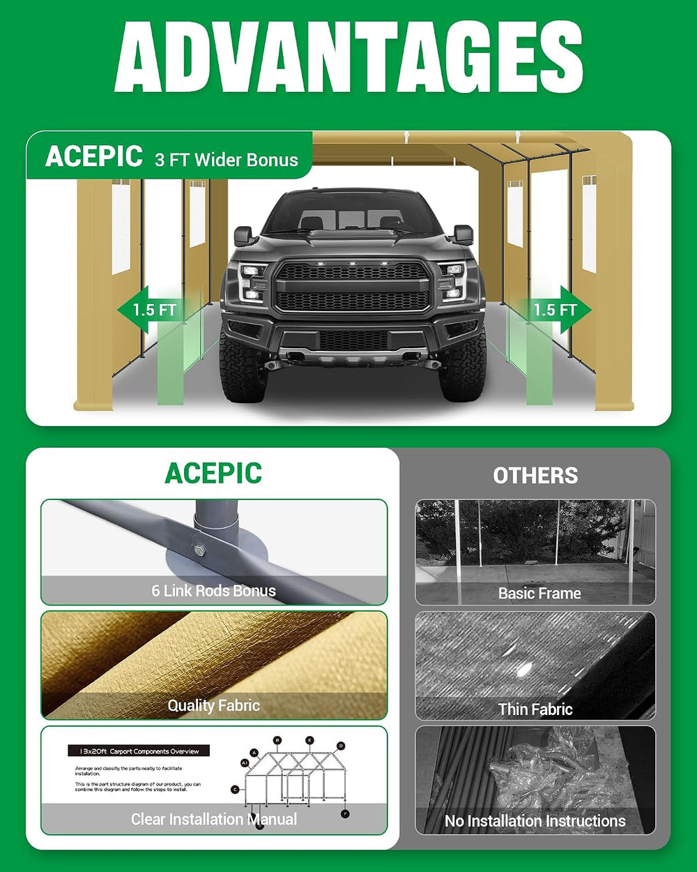 ACEPIC Upgraded 13x20ft Heavy Duty Drive-Through Carport, Khaki