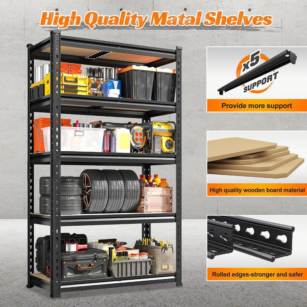 REIBII 2 Pack Garage Shelving,5 Tier Heavy Duty Storage Shelves,Black