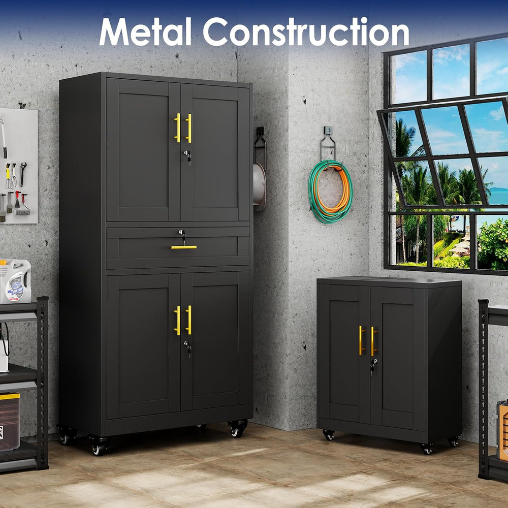 75" H Metal Garage Storage Cabinet, Rolling Tool Cabinet with 2 Doors an...